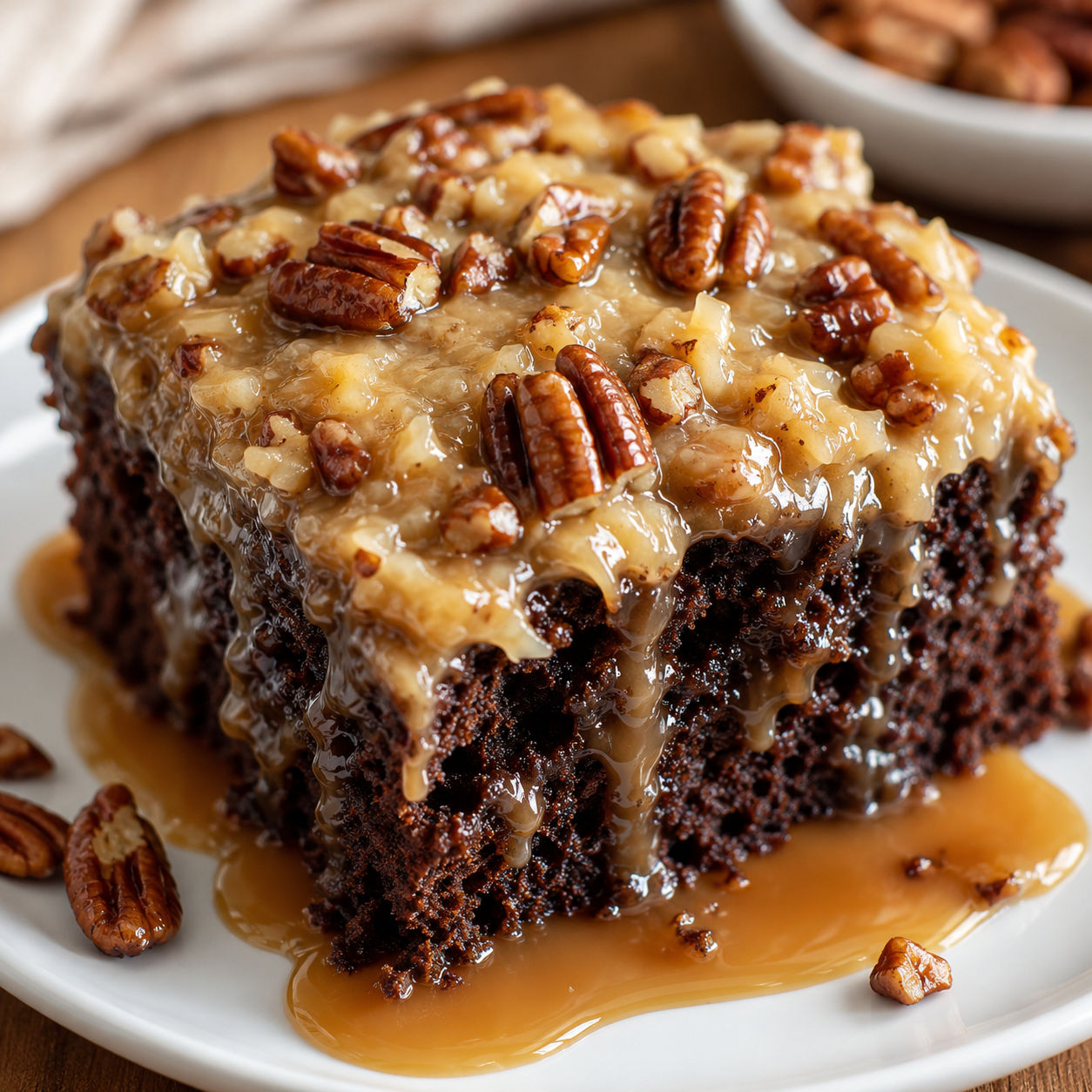 German chocolate poke cake slice with caramel pecan coconut frosting
