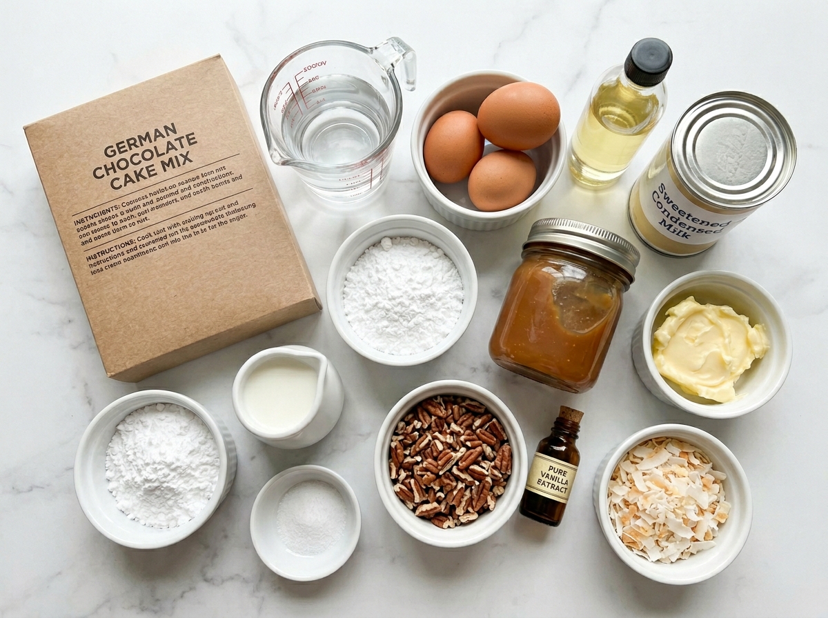 Ingredients for German chocolate poke cake with caramel and pecans