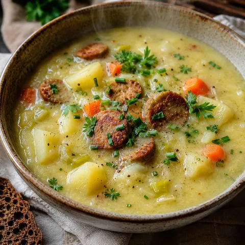 German vegan potato soup with herbs and vegan sausage in a rustic bowl