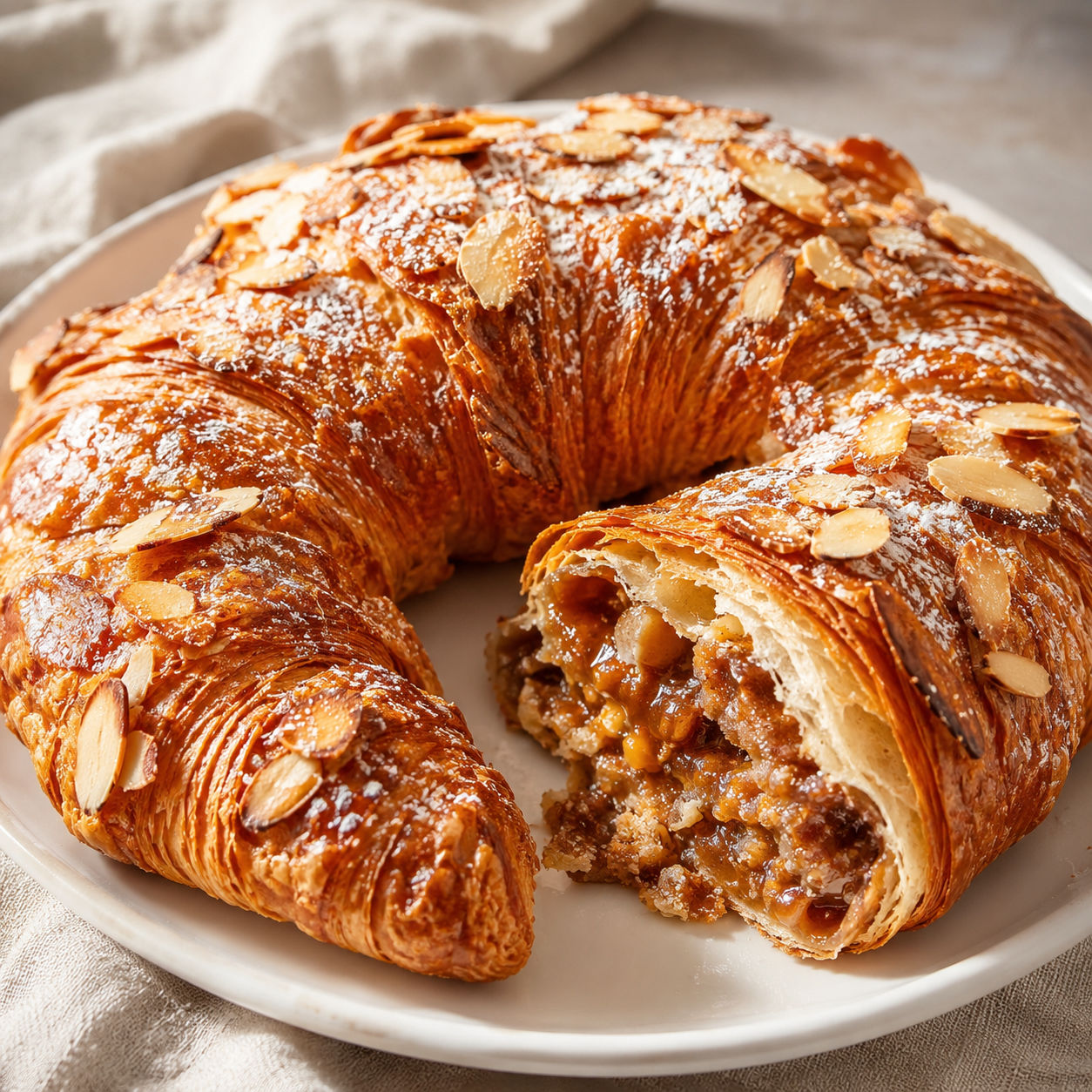 Giant gingerbread almond croissant with sliced almonds and powdered sugar