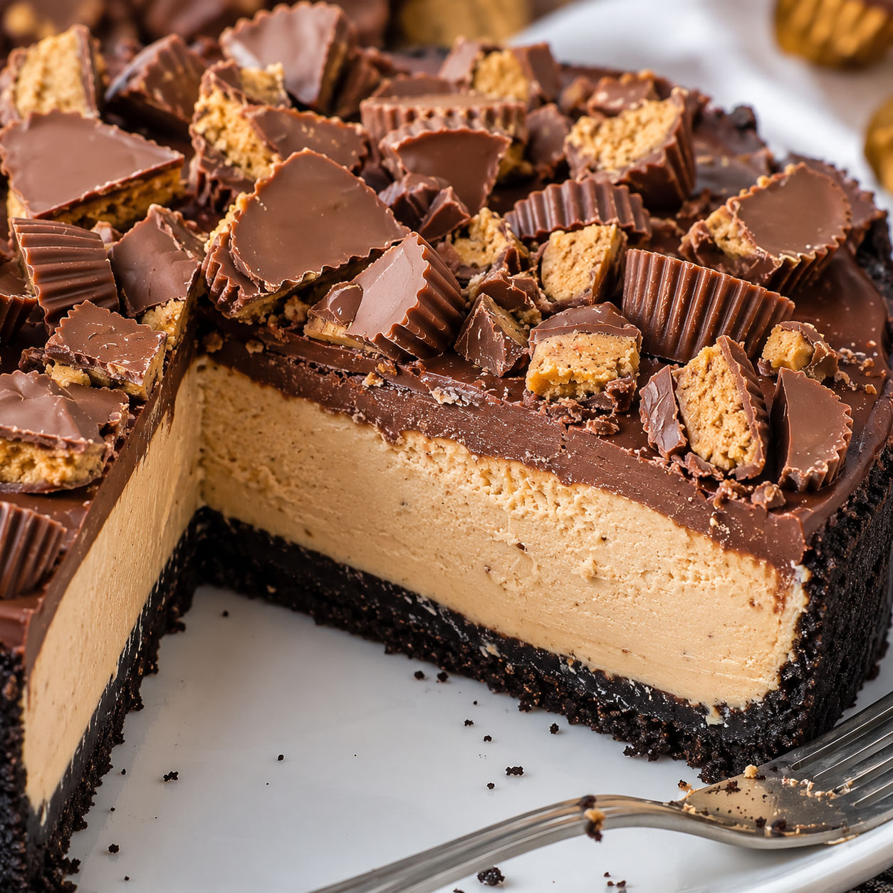 Giant Reese's peanut butter cup pie with ganache and chopped candy
