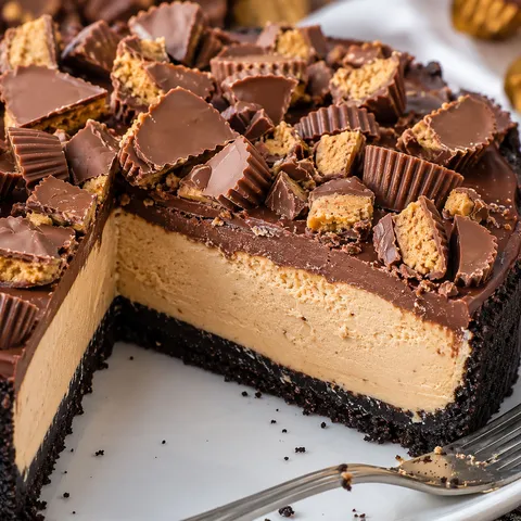 Giant Reese's peanut butter cup pie with ganache and chopped candy