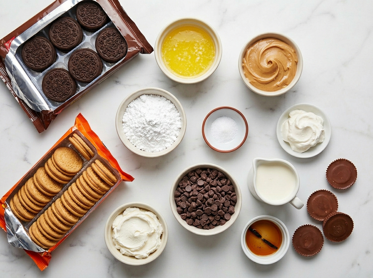 Ingredients for peanut butter cup pie with cookies chocolate and peanut butter