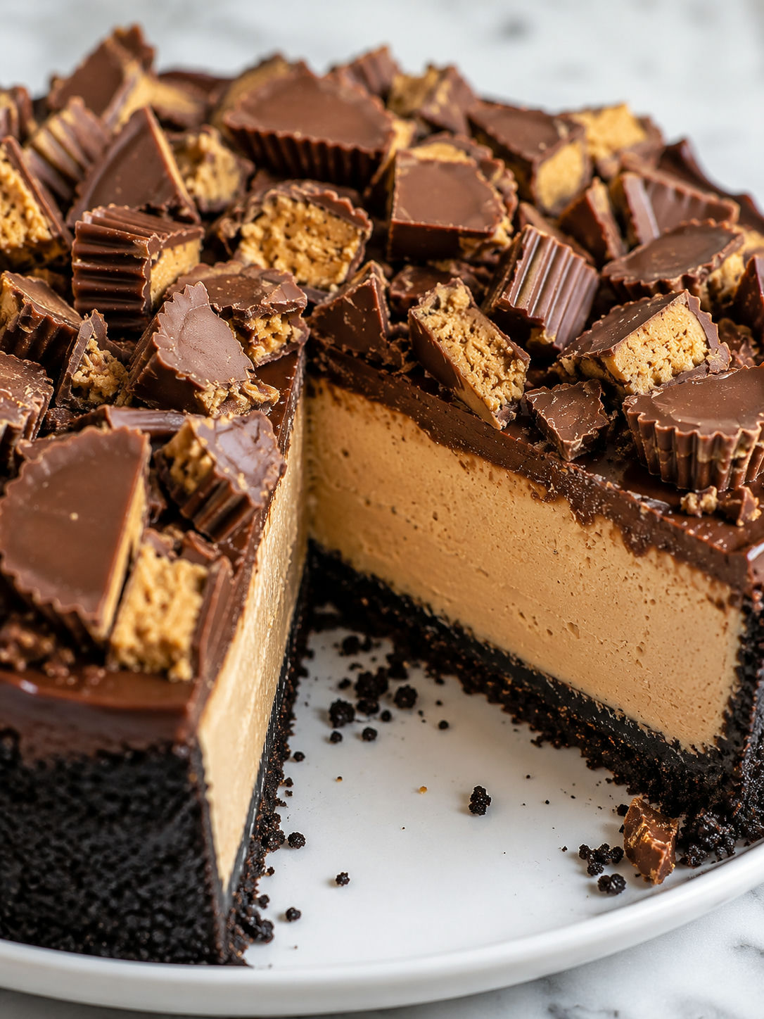 Giant Reese's Peanut Butter Cup Pie, plated and served