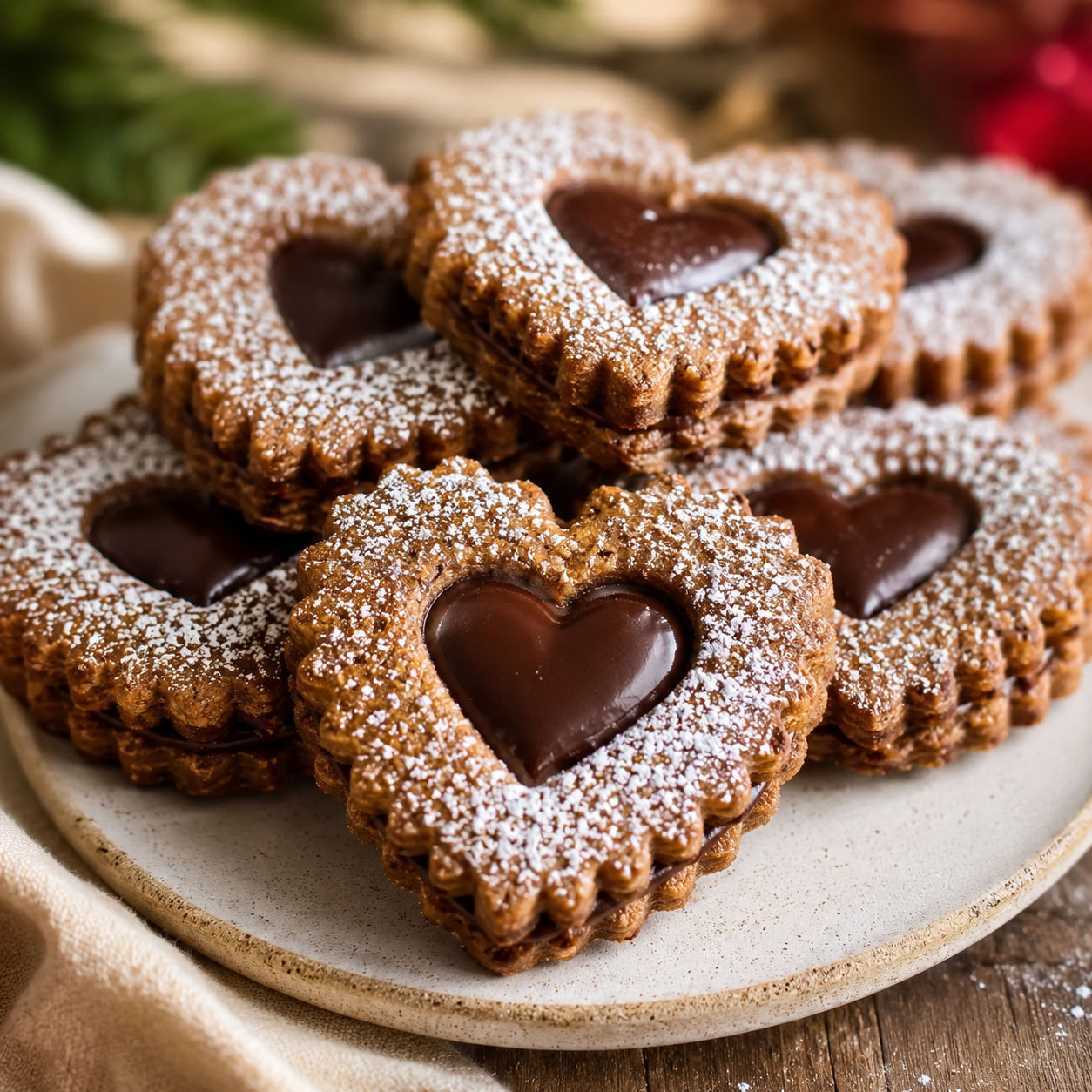 Gingerbread Linzer cookies with chocolate fudge filling and powdered sugar