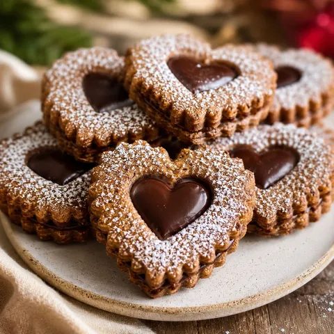 Gingerbread Linzer cookies with chocolate fudge filling and powdered sugar
