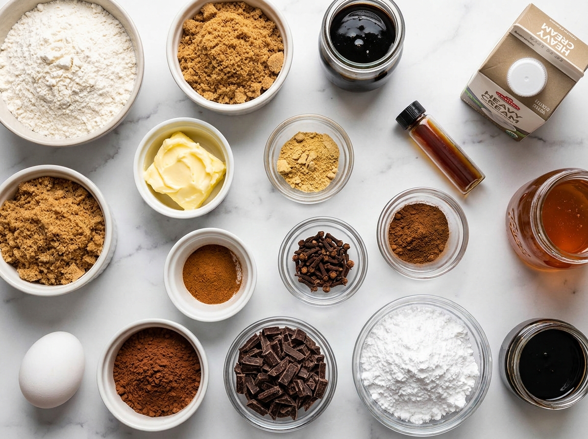 Ingredients for gingerbread Linzer cookies with chocolate fudge filling