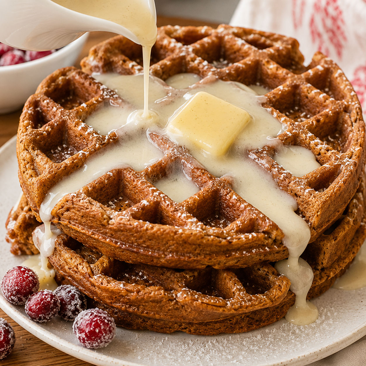Gingerbread waffles with vanilla cream syrup and powdered sugar