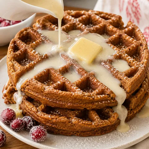 Gingerbread waffles with vanilla cream syrup and powdered sugar