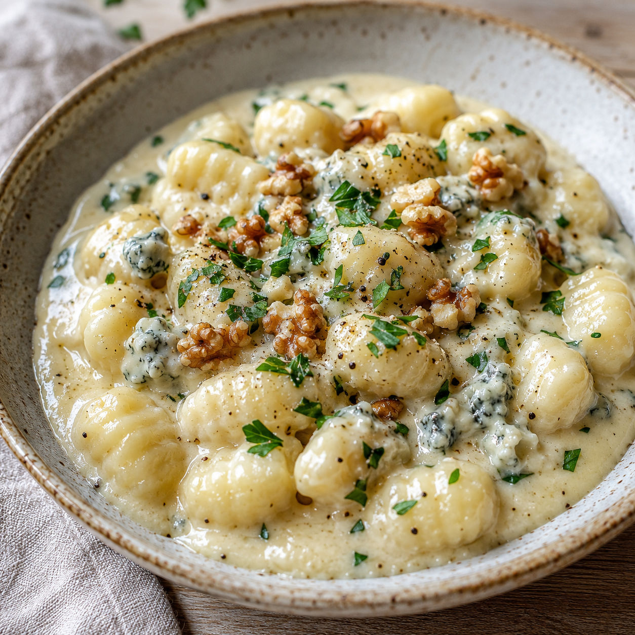 Gnocchi with creamy gorgonzola sauce, parsley, and walnuts in a rustic bowl