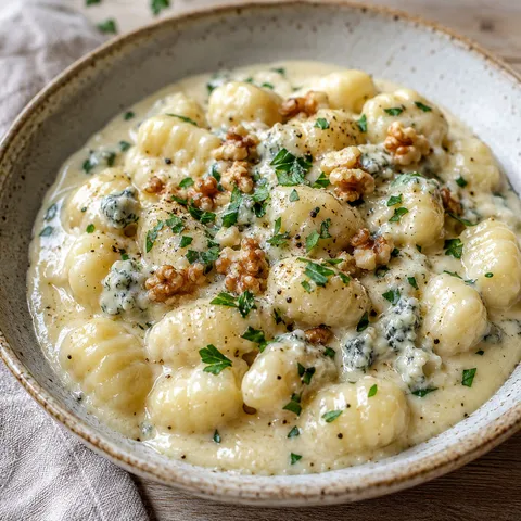 Gnocchi with creamy gorgonzola sauce, parsley, and walnuts in a rustic bowl