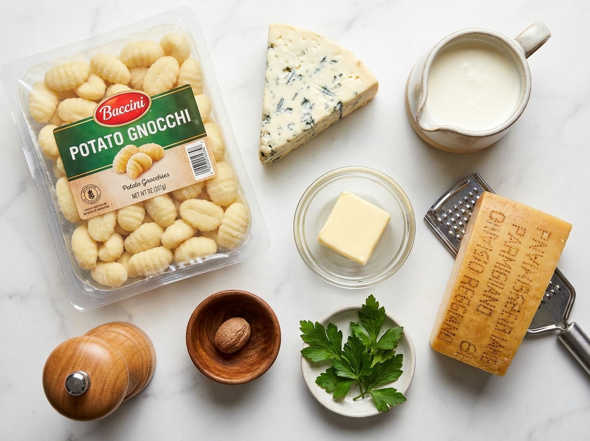 Raw ingredients for gnocchi gorgonzola cream sauce on marble