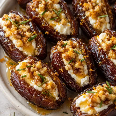 Goat cheese stuffed dates with rosemary walnuts and hot honey
