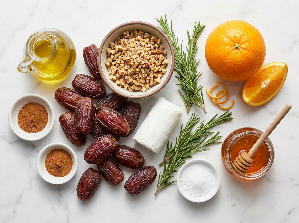 Ingredients for goat cheese stuffed dates with walnuts and rosemary
