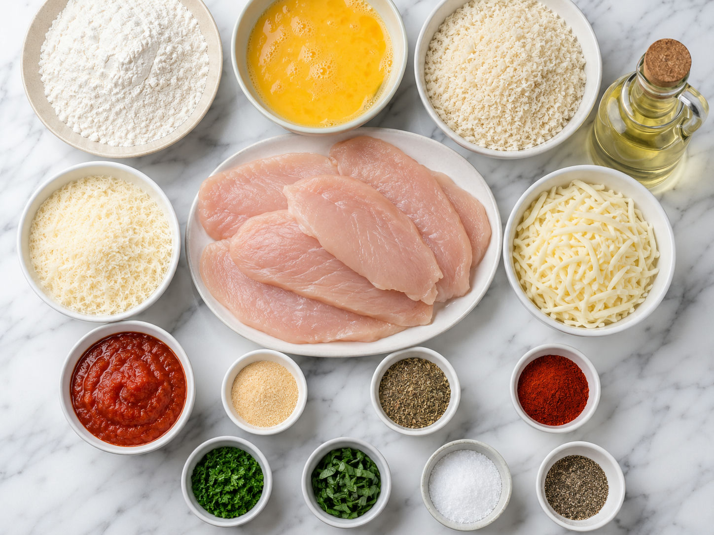 Ingredients for breaded chicken Parmesan with panko, cheese, marinara, and herbs