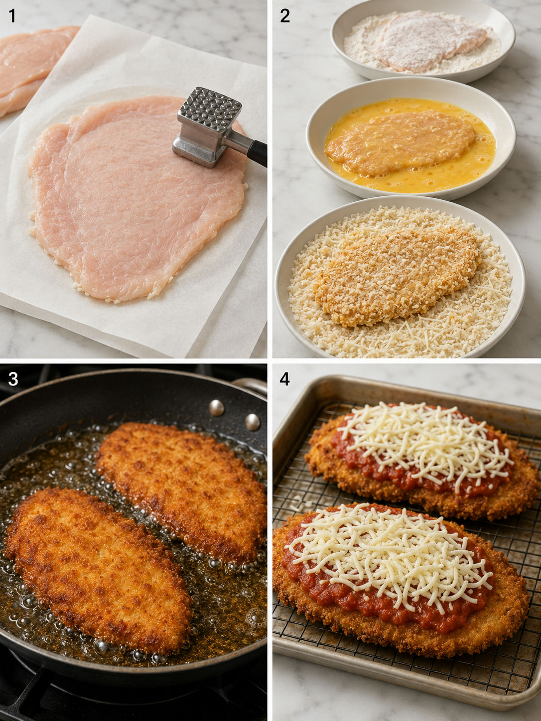 Four cooking steps for breading, frying, and topping chicken Parmesan