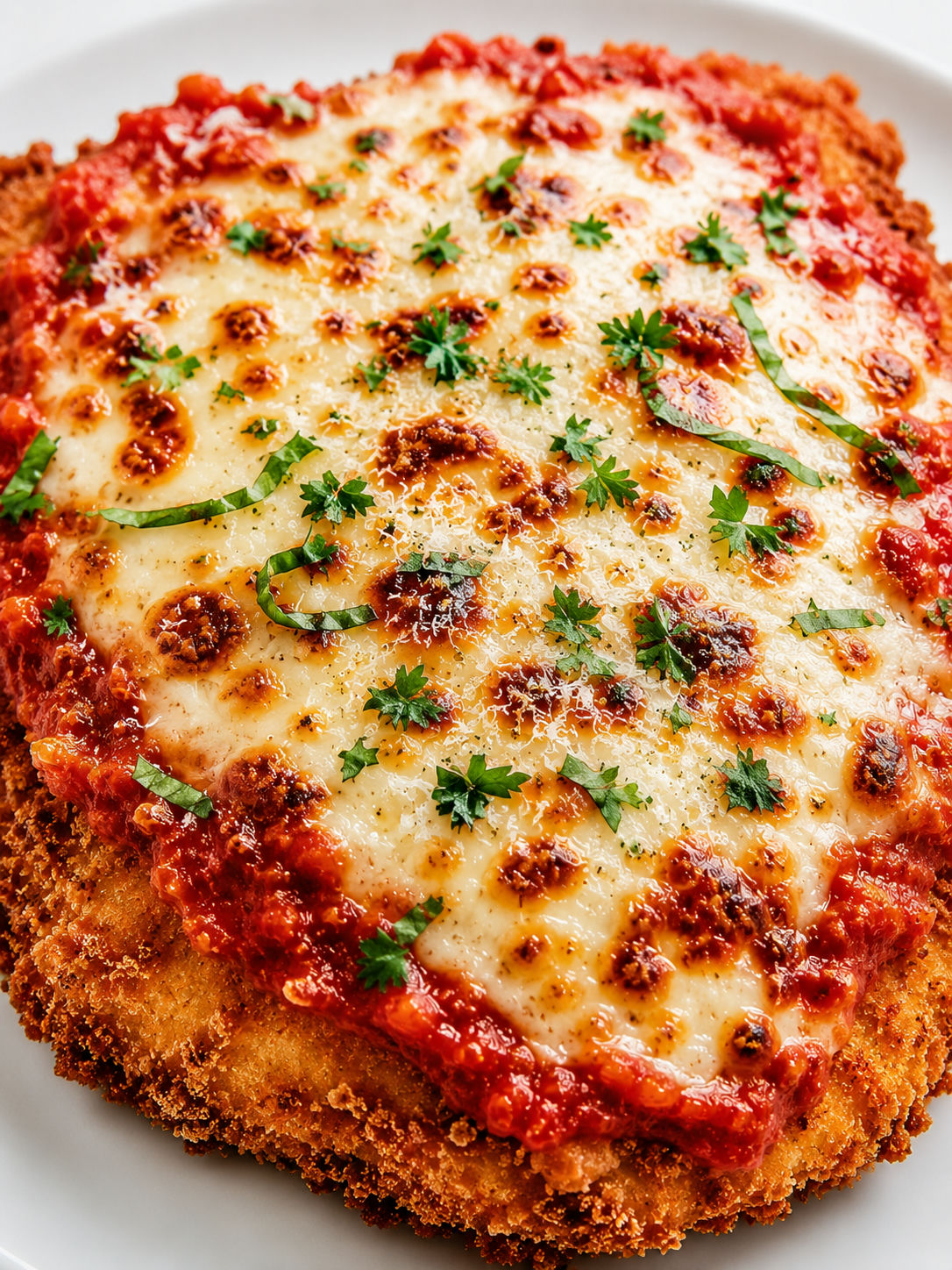 Golden chicken Parmesan cutlet with crisp edges, marinara, and melted mozzarella