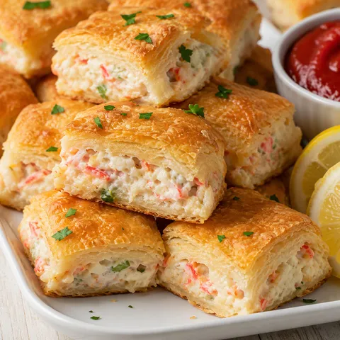 Golden crab crescent bites with creamy filling, parsley, and lemon