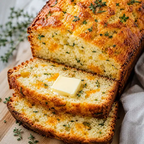 Golden cheddar herb bread loaf sliced with melted butter and green herbs