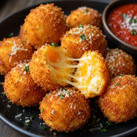 Golden cheese balls with parsley, parmesan, and marinara dipping sauce