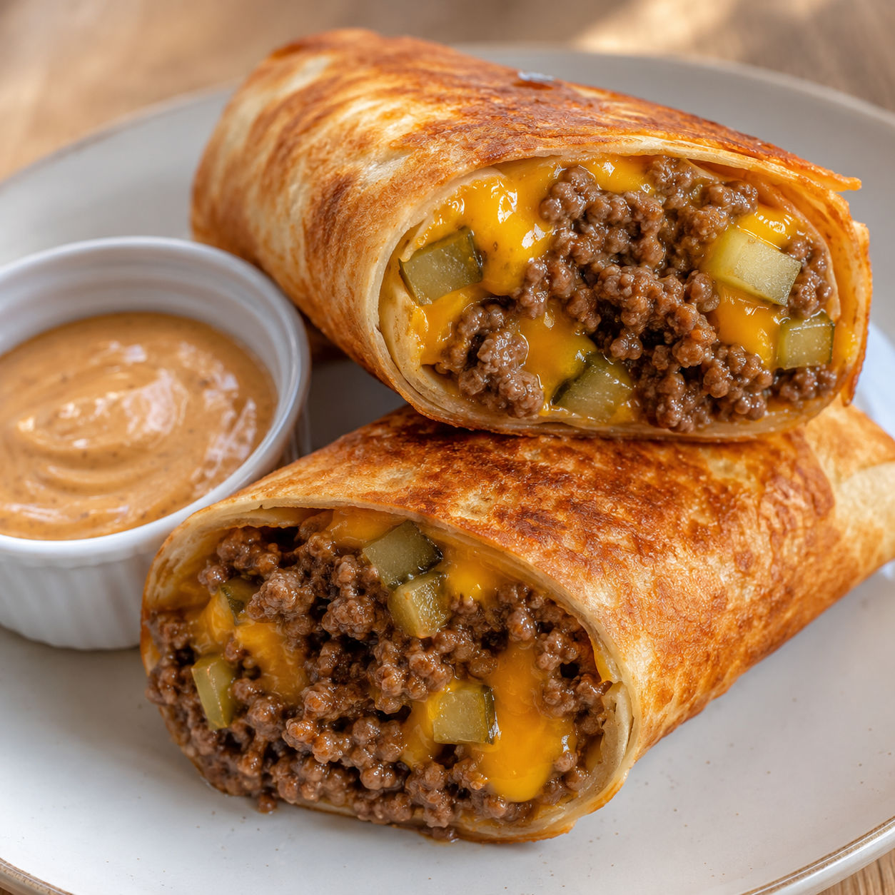Golden cheeseburger wraps with melted cheddar, beef, pickles, and burger sauce