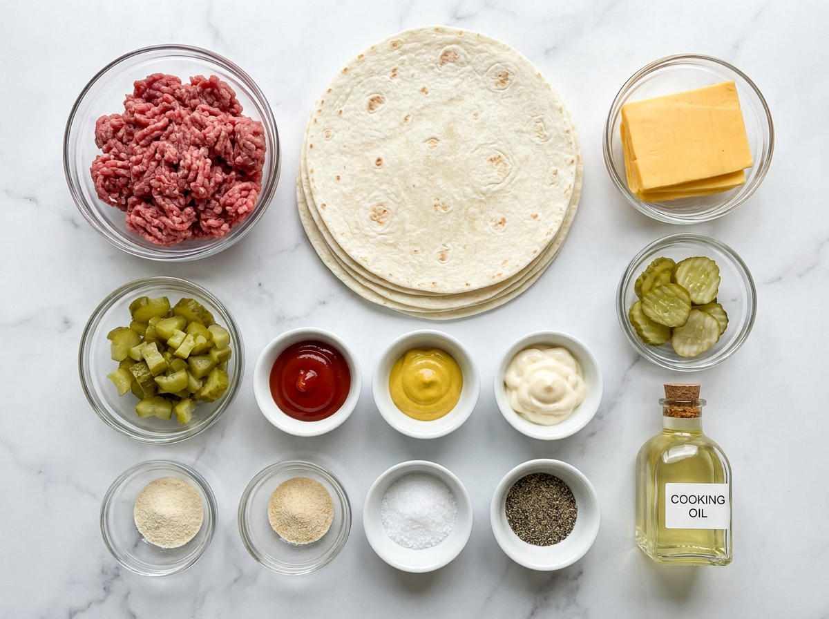 Ingredients for cheeseburger wraps with beef, tortillas, cheddar, pickles, and sauce
