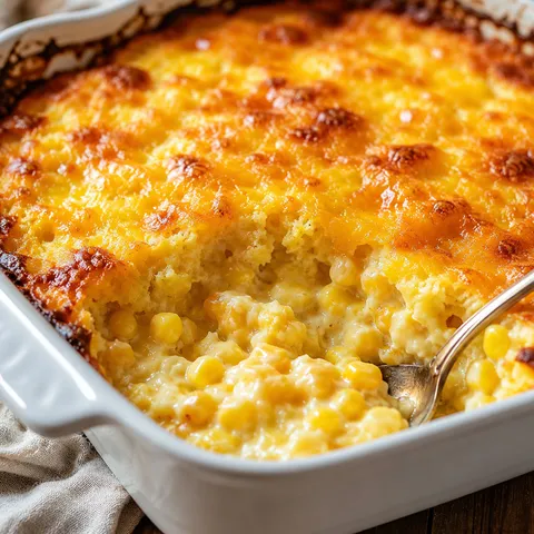 Golden cheddar corn casserole with a creamy spooned center
