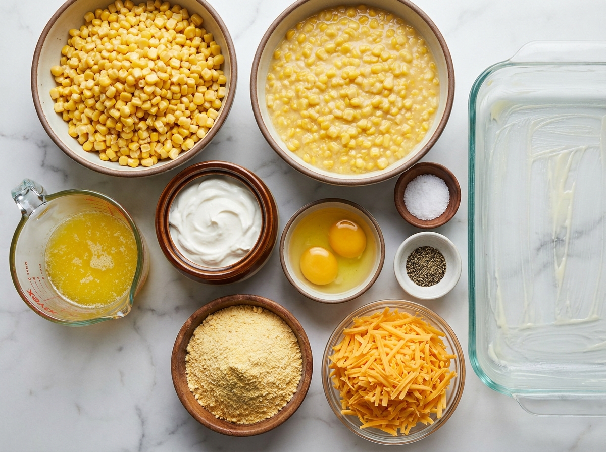 Corn casserole ingredients with cheddar, sour cream, eggs, and cornbread mix