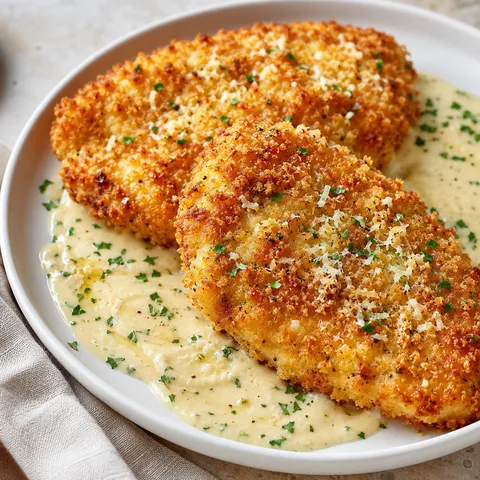 Golden crispy chicken cutlets with Parmesan cream sauce and parsley