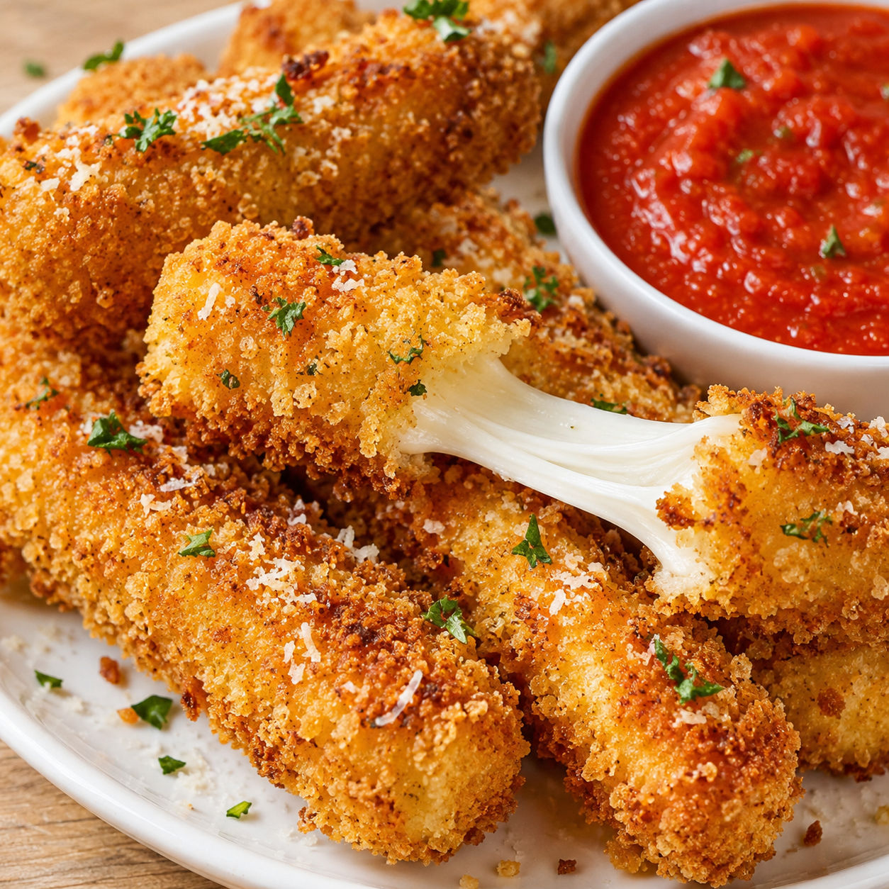 Golden mozzarella sticks with marinara and stretchy melted cheese