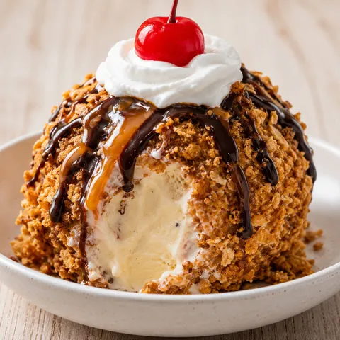 Golden fried ice cream with cinnamon crunch, chocolate sauce, whipped cream, and cherry