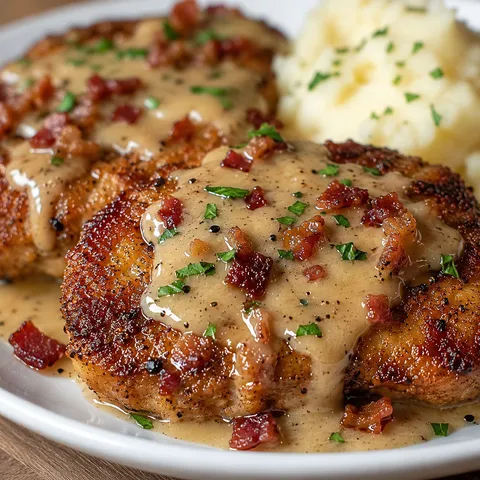 Golden fried pork chops covered with creamy bacon gravy