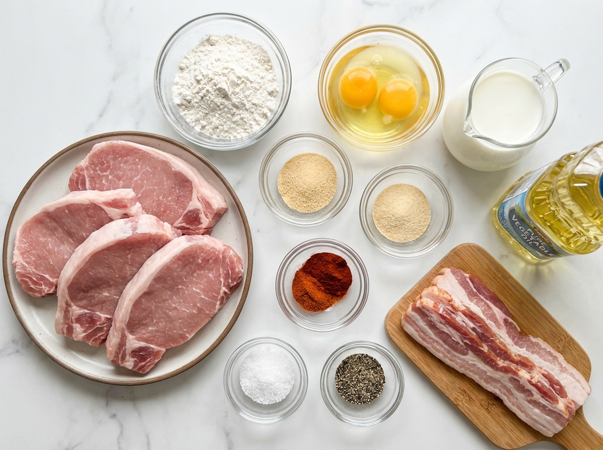 Raw pork chops, bacon, flour, eggs, milk, and seasonings for fried pork chops