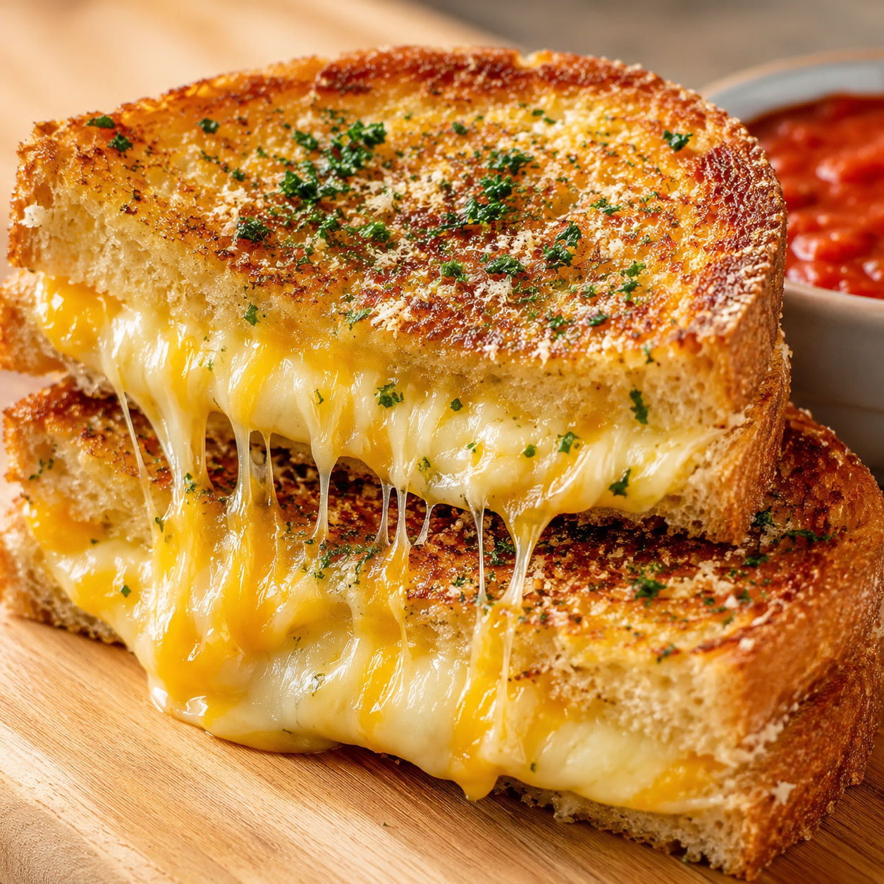 Golden garlic bread grilled cheese with melted cheese blend and parsley