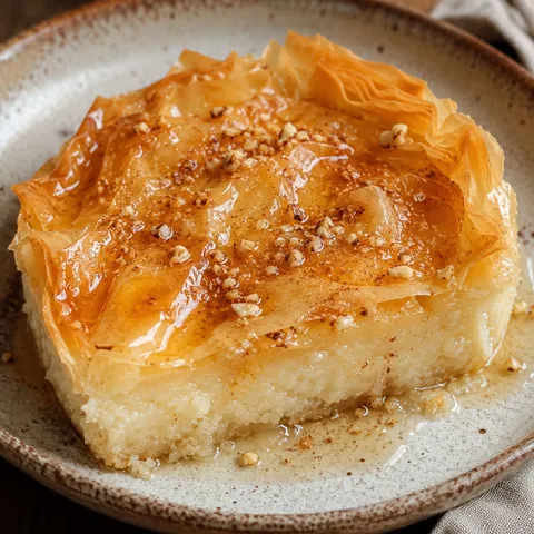 Golden Greek honey pie slice with honey drizzle and walnuts on a ceramic plate