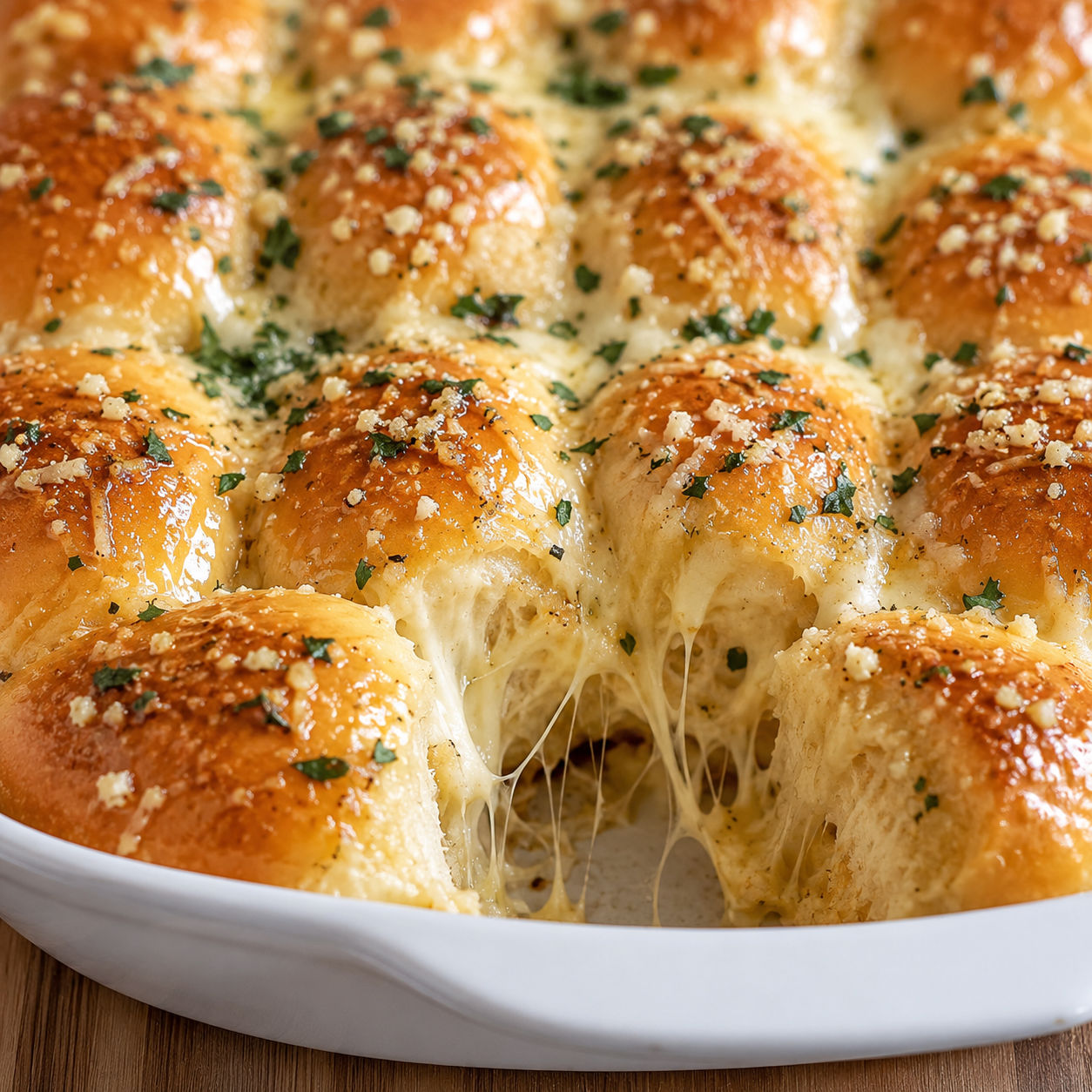 Golden Hawaiian rolls with garlic butter, parsley, and melted cheese