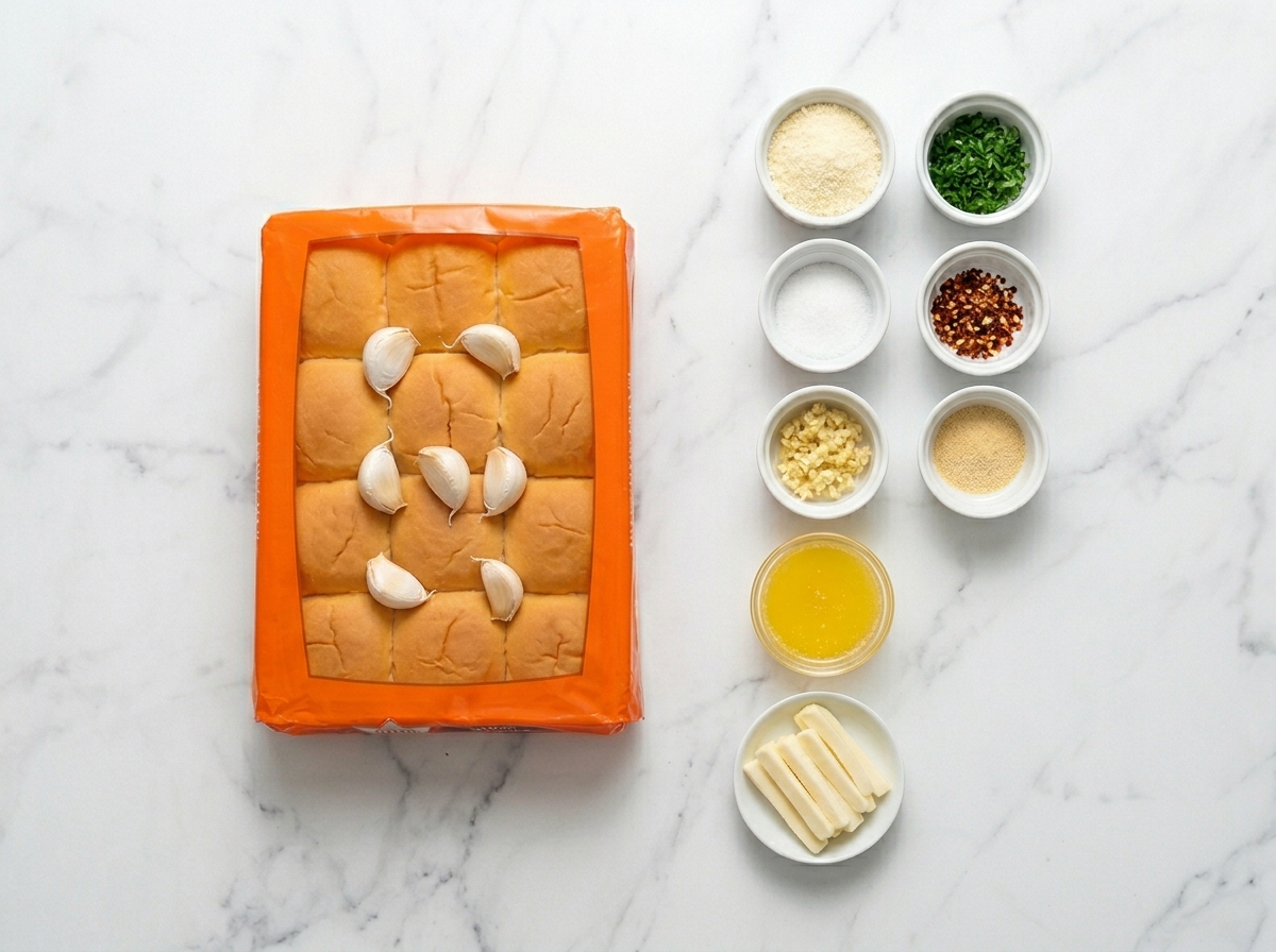 Ingredients for cheesy garlic butter Hawaiian rolls on a wood surface