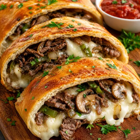 Golden Philly cheesesteak stromboli slices with melty cheese and peppers