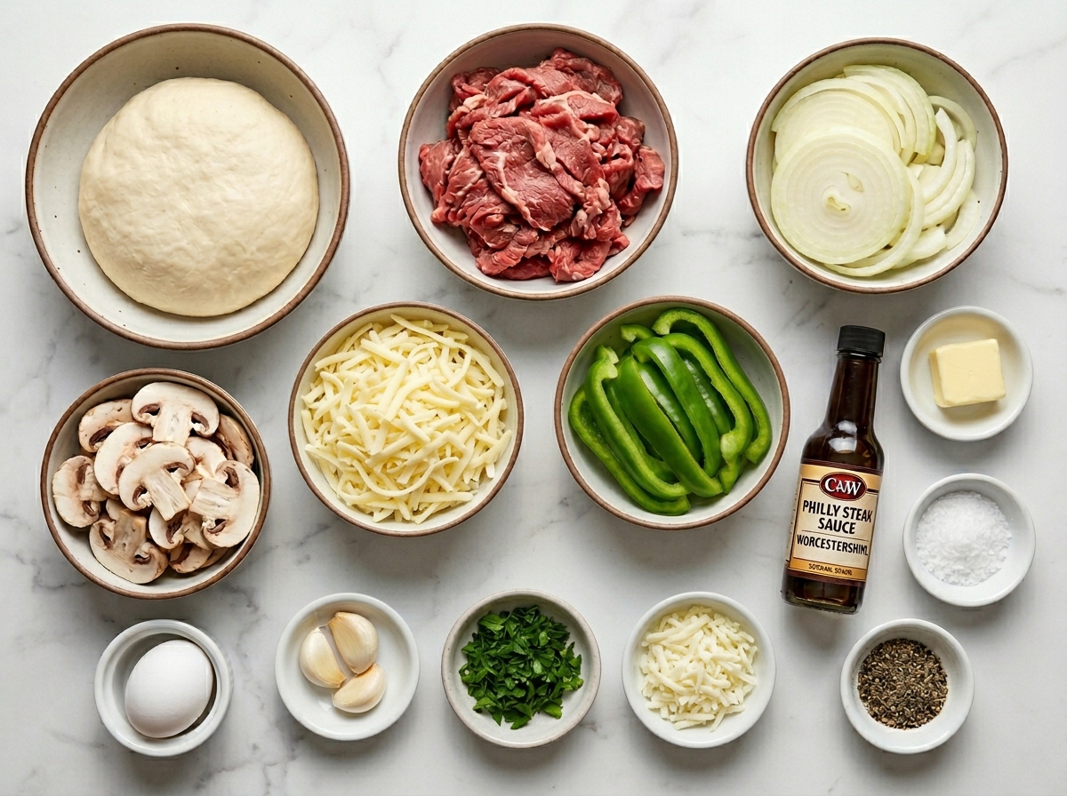 Ingredients for Philly cheesesteak stromboli with steak, peppers, dough, and cheese