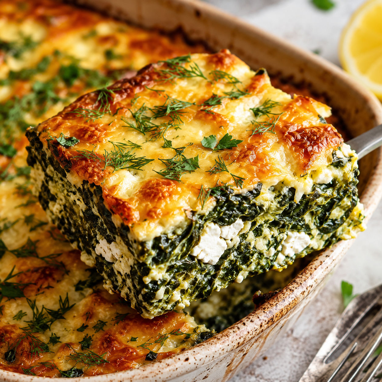 Golden spinach and feta bake slice with herbs and browned cheese top