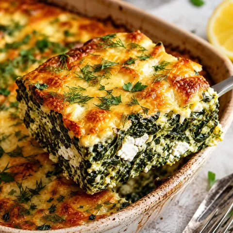 Golden spinach and feta bake slice with herbs and browned cheese top