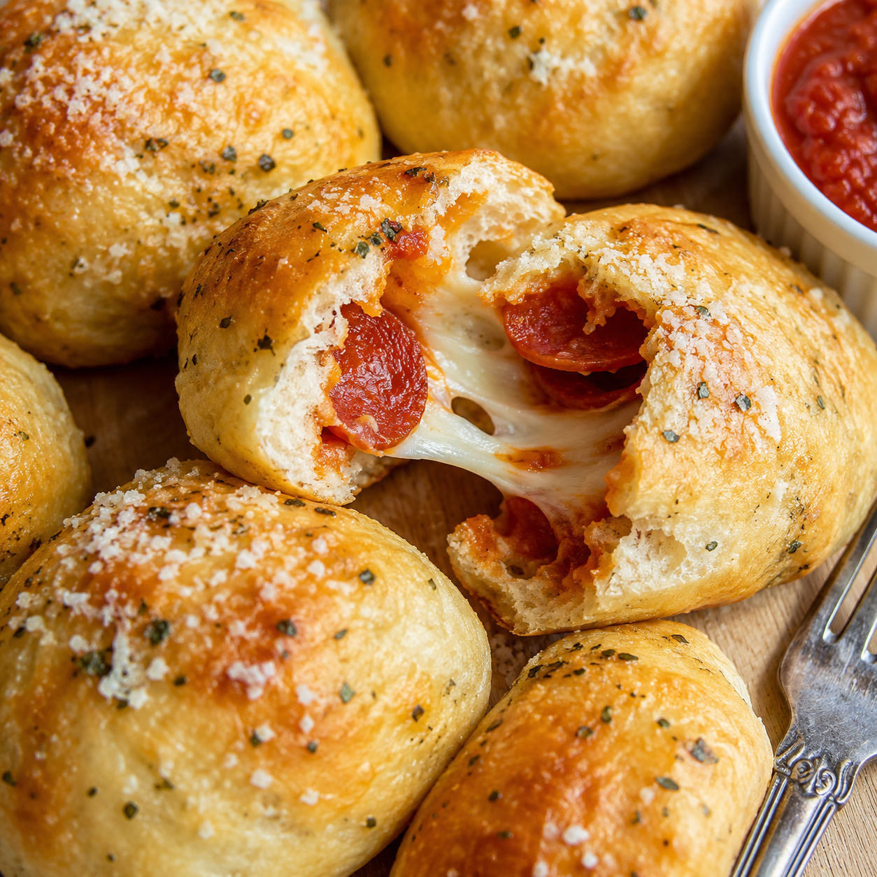 Golden pizza bombs with melted cheese, pepperoni, and marinara