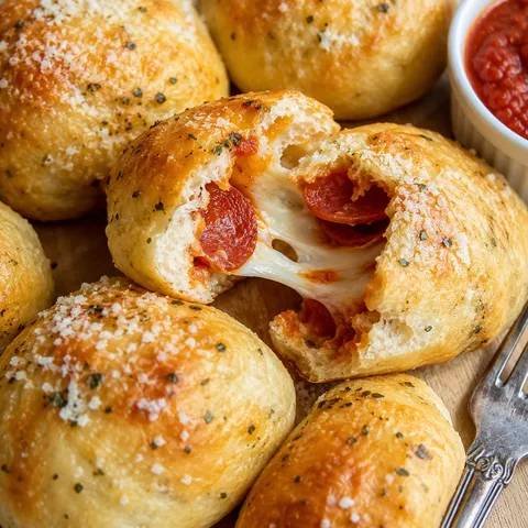 Golden pizza bombs with melted cheese, pepperoni, and marinara