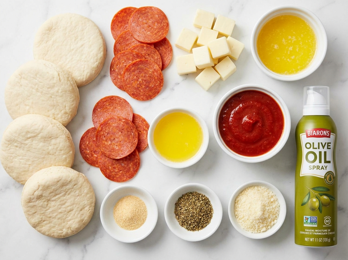 Biscuit dough, pepperoni, mozzarella, sauce, and garlic butter ingredients