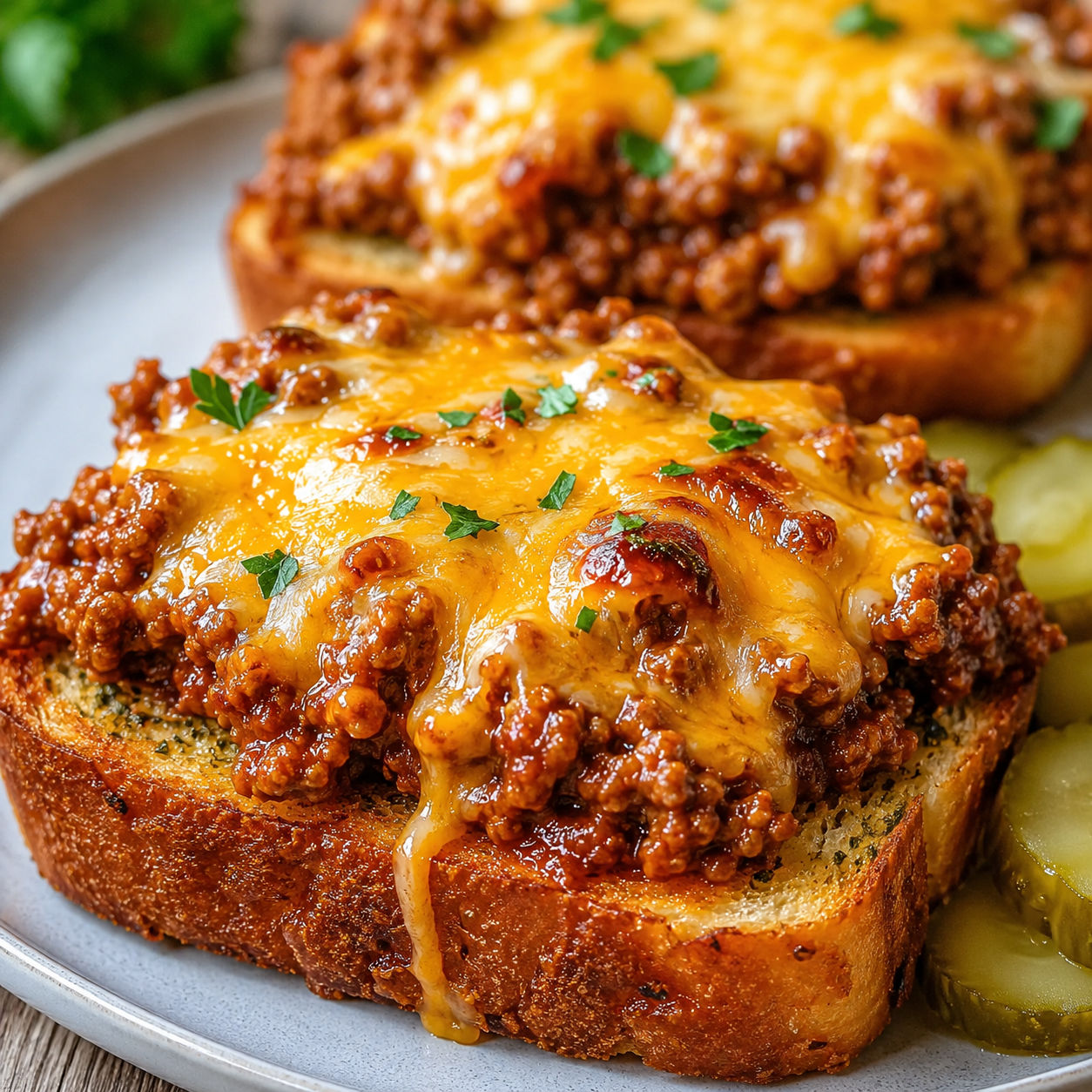 Cheesy sloppy Joe toast on garlic bread with melted cheddar