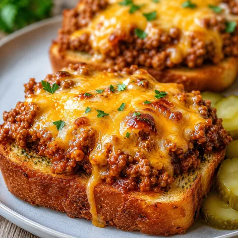 Cheesy sloppy Joe toast on garlic bread with melted cheddar