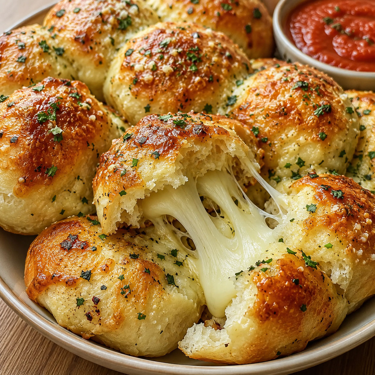 Gooey mozzarella biscuit bombs with parsley and marinara sauce