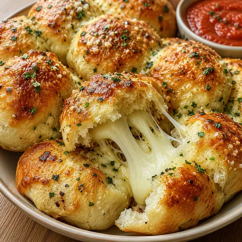 Gooey mozzarella biscuit bombs with parsley and marinara sauce