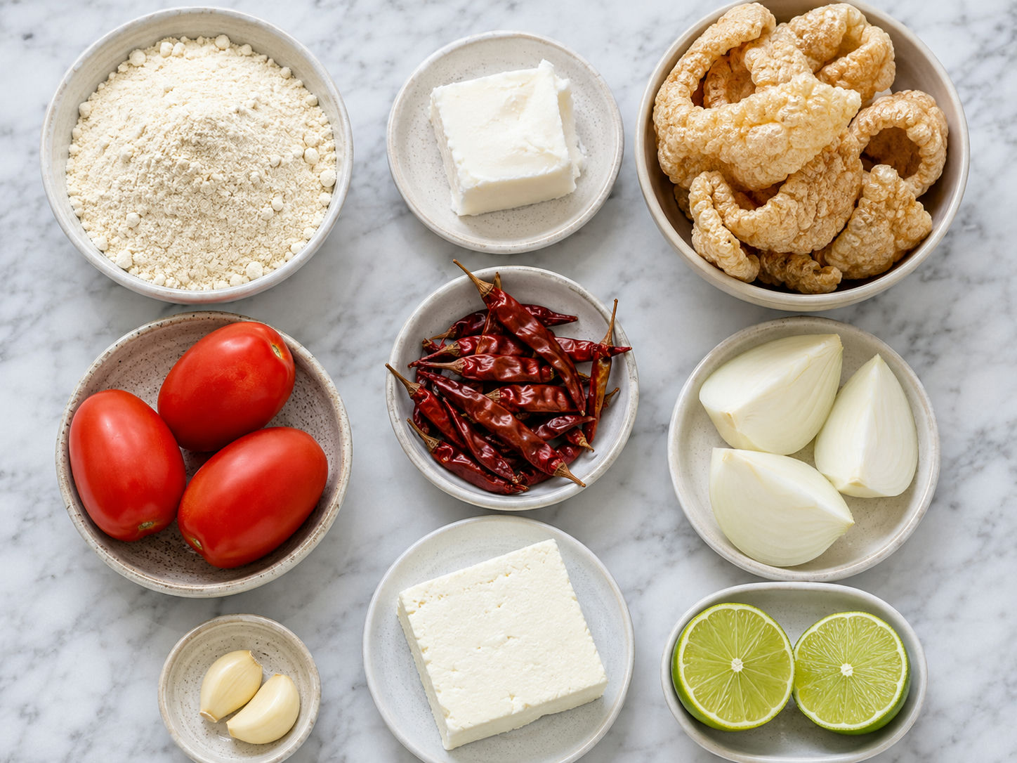Raw ingredients for gorditas chicharron and cheese including masa harina, pork rinds, tomatoes, chiles, and queso fresco