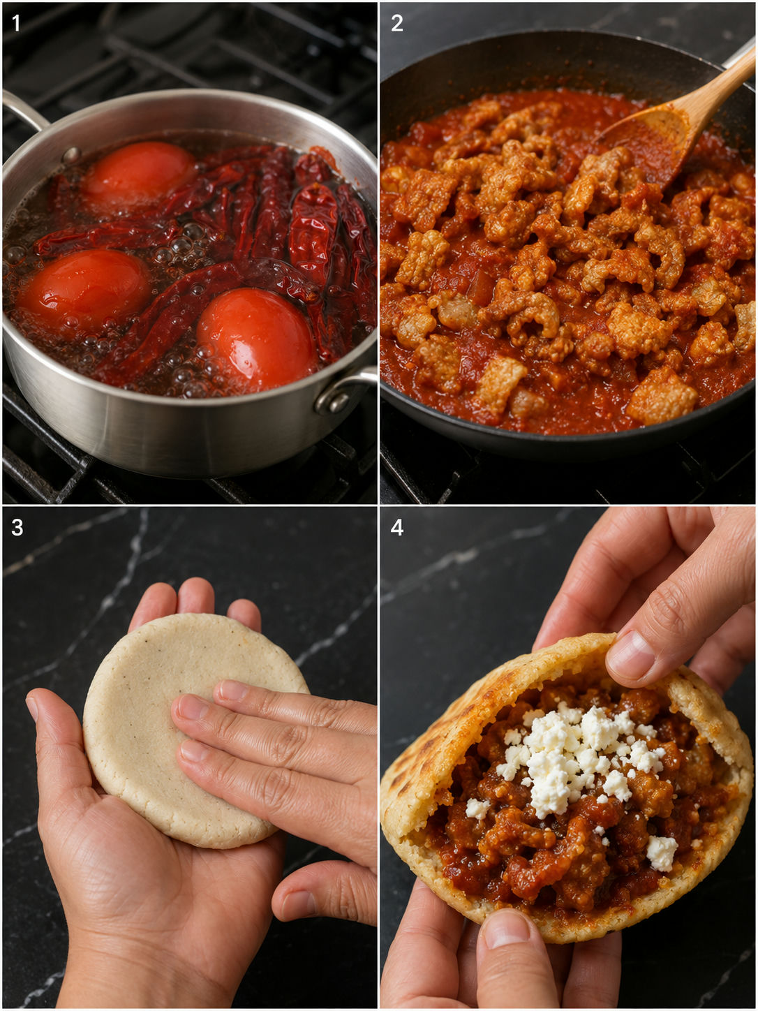 Four steps of making gorditas: simmering salsa, stewing chicharron, shaping masa, and filling the gordita